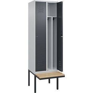 C+P Schwarz-Weiß-Spind Classic PLUS Sitzbank, schmal, 2 Abteile, verkürzte Trennwand mittig, lichtgrau / grau, B 600 mm, Zylinderschloss, auskragend,