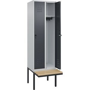 C+P, C+P Spind Classic PLUS, 2 Abteile, HxBxT 2.120 x 600 x 815 mm, für Vorhängeschloss, auskragende Bank aus Buche, lichtgrau, anthrazitgrau
