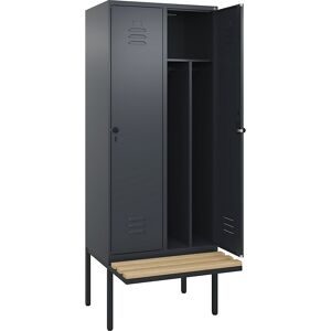 C+P Schwarz-Weiß-Spind Classic PLUS Sitzbank, schmal, 2 Abteile, verkürzte Trennwand mittig, grau, B 800 mm, Sicherheits-Drehriegel, auskragend,