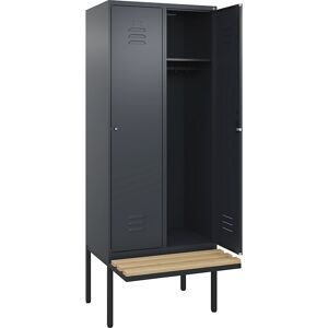 Spind Classic PLUS Sitzbank, 2 Abteile, grau, B 800 mm, Zylinderschloss, auskragend, Buche-Hartholz C+P