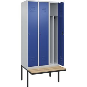 C+P, C+P Spind Classic PLUS, 3 Abteile, Trennwand, HxBxT 2.120 x 900 x 815 mm, Zylinderschloss, auskragende Bank aus Buche, lichtgrau, enzianblau