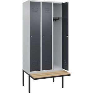 C+P, C+P Spind Classic PLUS, 3 Abteile, HxBxT 2.120 x 900 x 815 mm, Zylinderschloss, auskragende Bank aus Buche, lichtgrau, anthrazitgrau