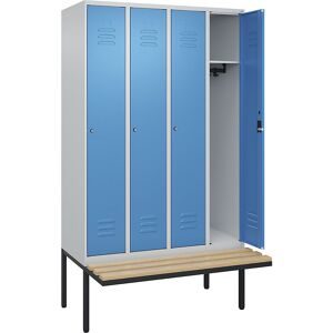 C+P, C+P Spind Classic PLUS, 4 Abteile, HxBxT 2.120 x 1.200 x 815 mm, Zylinderschloss, auskragende Bank aus Buche, lichtgrau, lichtblau