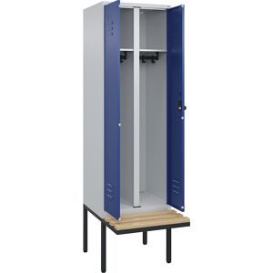 C+P Schwarz-Weiß-Spind Classic PLUS Sitzbank, Trennwand mittig, 1 Abteil, lichtgrau / enzianblau, B 600 mm, Sicherheits-Drehriegel, auskragend,