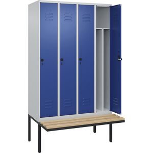 C+P, C+P Spind Classic PLUS, 4 Abteile, Trennwand, HxBxT 2.120 x 1.200 x 815 mm, für Vorhängeschloss, auskragende Bank aus Buche, lichtgrau, enzianblau