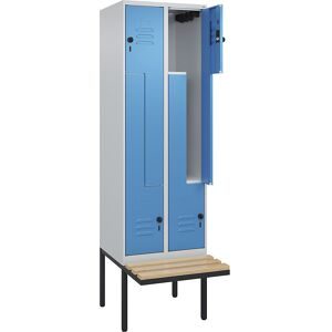 Z-Spind Classic PLUS Sitzbank, 2 Abteile, lichtgrau / lichtblau, B 600 mm, Sicherheits-Drehriegel, auskragend, Buche-Hartholz C+P