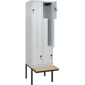 Z-Spind Classic PLUS Sitzbank, 2 Abteile, lichtgrau, B 600 mm, Sicherheits-Drehriegel, auskragend, Buche-Hartholz C+P
