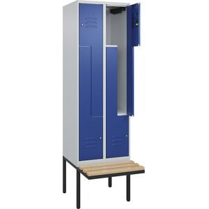 C+P Z-Spind Classic PLUS, 4 Abteile, HxBxT 2.120 x 600 x 815 mm, Zylinderschloss, auskragende Bank aus Buche, lichtgrau, enzianblau