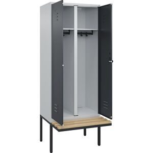 C+P Schwarz-Weiss-Spind Classic PLUS, 2 Abteile, HxBxT 2.120 x 800 x 815 mm, für Vorhängeschloss, auskragende Bank aus Buche, lichtgrau, anthrazitgrau