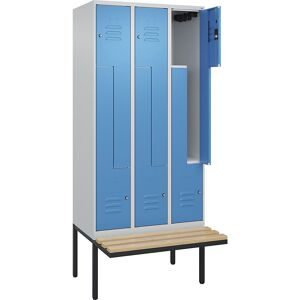 C+P, C+P Z-Spind Classic PLUS, 6 Abteile, HxBxT 2.120 x 900 x 815 mm, Zylinderschloss, auskragende Bank aus Buche, lichtgrau, lichtblau