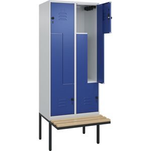 C+P, C+P Z-Spind Classic PLUS, 4 Abteile, HxBxT 2.120 x 800 x 815 mm, für Vorhängeschloss, auskragende Bank aus Buche, lichtgrau, enzianblau