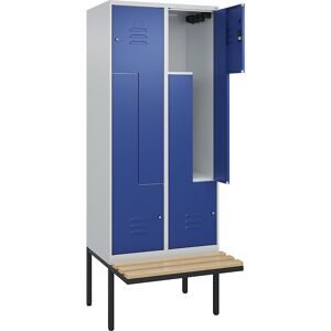 Z-Spind Classic PLUS Sitzbank, 2 Abteile, lichtgrau / enzianblau, B 800 mm, Zylinderschloss, auskragend, Buche-Hartholz C+P