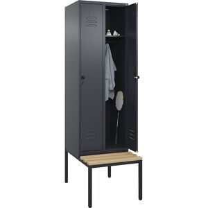 Spind Classic PLUS Sitzbank, 2 Abteile, grau, B 600 mm, Sicherheits-Drehriegel, untergebaut, Buche-Hartholz C+P