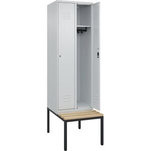 Spind Classic PLUS Sitzbank, 2 Abteile, lichtgrau, B 600 mm, Zylinderschloss, untergebaut, Buche-Hartholz C+P