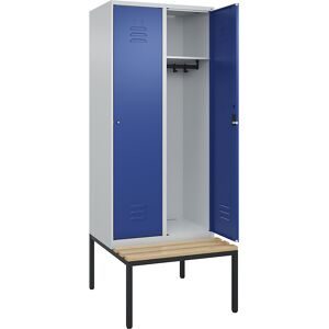 Spind Classic PLUS Sitzbank, 2 Abteile, lichtgrau / enzianblau, B 800 mm, Zylinderschloss, untergebaut, Buche-Hartholz C+P
