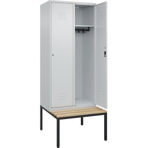 Spind Classic PLUS Sitzbank, 2 Abteile, lichtgrau, B 800 mm, Zylinderschloss, untergebaut, Buche-Hartholz C+P