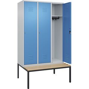 Spind Classic PLUS Sitzbank, 3 Abteile, lichtgrau / lichtblau, B 1200 mm, Zylinderschloss, untergebaut, Buche-Hartholz C+P
