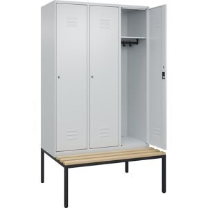 Spind Classic PLUS Sitzbank, 3 Abteile, lichtgrau, B 1200 mm, Zylinderschloss, untergebaut, Buche-Hartholz C+P