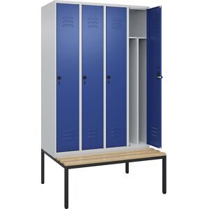C+P Schwarz-Weiß-Spind Classic PLUS Sitzbank, schmal, 4 Abteile, verkürzte Trennwand mittig, lichtgrau / enzianblau, B 1200 mm, Sicherheits-Drehriegel,