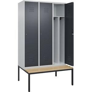 C+P, C+P Spind Classic PLUS, 3 Abteile, Trennwand, HxBxT 2.120 x 1.200 x 815 mm, Zylinderschloss, Trennwand, untergebaute Bank aus Buche, lichtgrau, anthrazitgrau