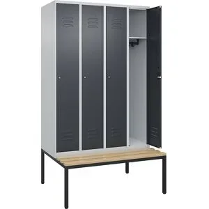 Spind Classic PLUS Sitzbank, 4 Abteile, lichtgrau / grau, B 1200 mm, Zylinderschloss, untergebaut, Buche-Hartholz C+P