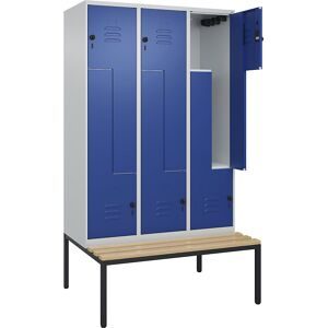 Z-Spind Classic PLUS Sitzbank, 3 Abteile, lichtgrau / enzianblau, B 1200 mm, Sicherheits-Drehriegel, untergebaut, Buche-Hartholz C+P