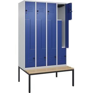 Z-Spind Classic PLUS Sitzbank, 4 Abteile, lichtgrau / enzianblau, B 1200 mm, Sicherheits-Drehriegel, untergebaut, Buche-Hartholz C+P
