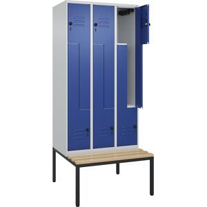 Z-Spind Classic PLUS Sitzbank, 3 Abteile, lichtgrau / enzianblau, B 900 mm, Sicherheits-Drehriegel, untergebaut, Buche-Hartholz C+P