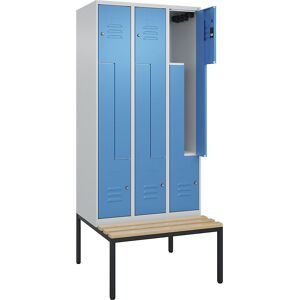 Z-Spind Classic PLUS Sitzbank, 3 Abteile, lichtgrau / lichtblau, B 900 mm, Zylinderschloss, untergebaut, Buche-Hartholz C+P