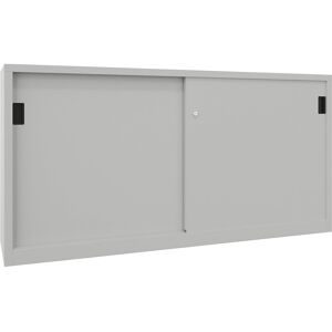 Schiebetürenschrank, Höhe 1000 mm, Vollblechtüren, BxT 2000 x 400 mm, mit Trennwand und 2 x 2 Fachböden, Tür lichtgrau Pavoy