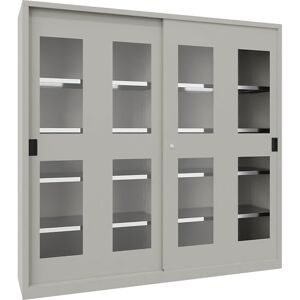 Schiebetürenschrank, Höhe 1950 mm, Sichtfenstertüren, BxT 2000 x 500 mm, mit Trennwand und 2 x 4 Fachböden, Tür lichtgrau Pavoy