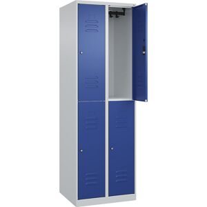 Doppelstock-Spind Classic PLUS, 2 Abteile, lichtgrau / enzianblau, HxB 1850 x 600 mm, mit Bodengleitern, Zylinderschloss C+P