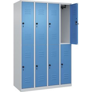 Doppelstock-Spind Classic PLUS, 4 Abteile, lichtgrau / lichtblau, HxB 1850 x 1200 mm, mit Bodengleitern, Drehriegel C+P