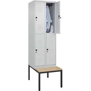 Doppelstock-Spind Classic PLUS Sitzbank, 2 Abteile, lichtgrau, B 600 mm, Sicherheits-Drehriegel, untergebaut, Buche-Hartholz C+P