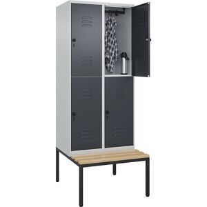 Doppelstock-Spind Classic PLUS Sitzbank, 2 Abteile, lichtgrau / grau, B 800 mm, Sicherheits-Drehriegel, untergebaut, Buche-Hartholz C+P