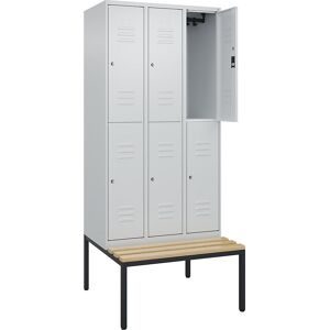 Doppelstock-Spind Classic PLUS Sitzbank, 3 Abteile, lichtgrau, B 900 mm, Zylinderschloss, untergebaut, Buche-Hartholz C+P