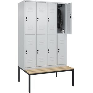 Doppelstock-Spind Classic PLUS Sitzbank, 4 Abteile, lichtgrau, B 1200 mm, Sicherheits-Drehriegel, untergebaut, Buche-Hartholz C+P