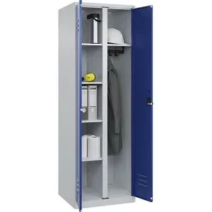 Putzmittelspind Classic PLUS, 1 Abteil, Trennwand mittig, lichtgrau / enzianblau, B 600 mm, mit Bodengleitern, Drehriegel C+P