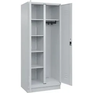 Putzmittelspind Classic PLUS, 1 Abteil, Trennwand mittig, lichtgrau, B 800 mm, mit Bodensockel, Zylinderschloss C+P