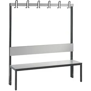 C + P, Garderobenbank Basic Plus, 1-seitig, Rückenlehne, ohne Schuhrost, Fussgestell schwarzgrau RAL 7021, B 1500 mm, Dekor silbergrau