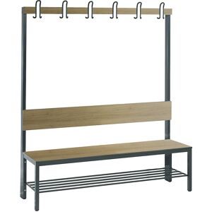 C + P, Garderobenbank Basic Plus, 1-seitig, Rückenlehne, mit Schuhrost, Fussgestell schwarzgrau RAL 7021, B 1500 mm, Dekor Eiche Ser.
