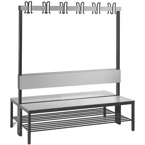 C + P, Garderobenbank Basic Plus, 2-seitig, Rückenlehne, mit Schuhrost, Fussgestell schwarzgrau RAL 7021, B 1500 mm, Dekor silbergrau