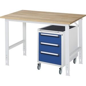 kaiserkraft Arbeitstisch mit Schubladenschrank, Roll-Container mit 3 Schubladen 2 x 150, 1 x 180 mm, BxT 1250 x 800 mm, B-Platte, Stärke 25 mm