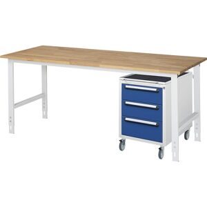 kaiserkraft Arbeitstisch mit Schubladenschrank, Roll-Container mit 3 Schubladen 2 x 150, 1 x 180 mm, BxT 2000 x 800 mm, B-Platte, Stärke 25 mm