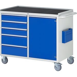 Kompaktwerkbänke, fahrbar, 5 Schubladen, 1 Tür, Metallablage mit Gummimatte, lichtgrau / enzianblau RAU