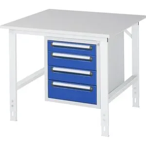 kaiserkraft Arbeitstisch mit Schubladenschrank, Unterbau-Container mit 4 Schubladen 1 x 90, 2 x 120, 1 x 140 mm, BxT 1000 x 1000 mm, M-Platte, Stärke 22 mm