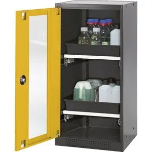 asecos®, Chemikalienschrank, Flügeltür und Glasausschnitt, 2 Auszüge, H 1105  mm, sicherheitsgelb