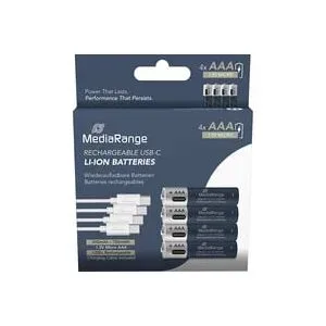 MediaRange, 4er-Set Li-Ion-Akkus AAA mit USB-C, 1,5 V, 500 mAh