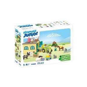 PLAYMOBIL, 71656 Junior: Bauernhof-Abenteuer mit Traktor, Anhänger und tierischen Freunden, Konstruktionsspielzeug