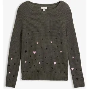 bonprix, bonprix Strickpullover aus Baumwoll-Rippstrick, weiter Rundhalsausschnitt, Herzen-Stickereien